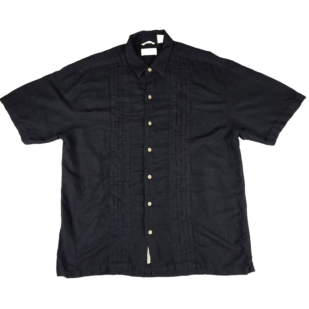 Cubavera Men's XL Guayabera Shirt Black Linen Blend Short Sleeve Pleated Casual